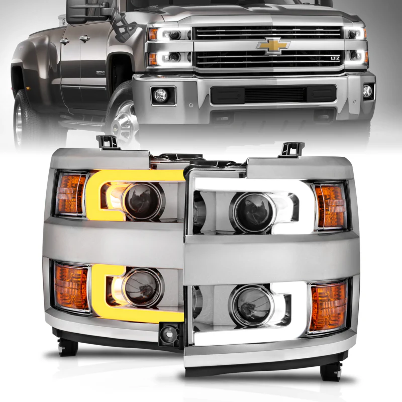 ANZO Projector Headlights 15-17 Chevrolet Silverado 2500HD / 3500HD Chrome w/ Chrome Rim - Image 12