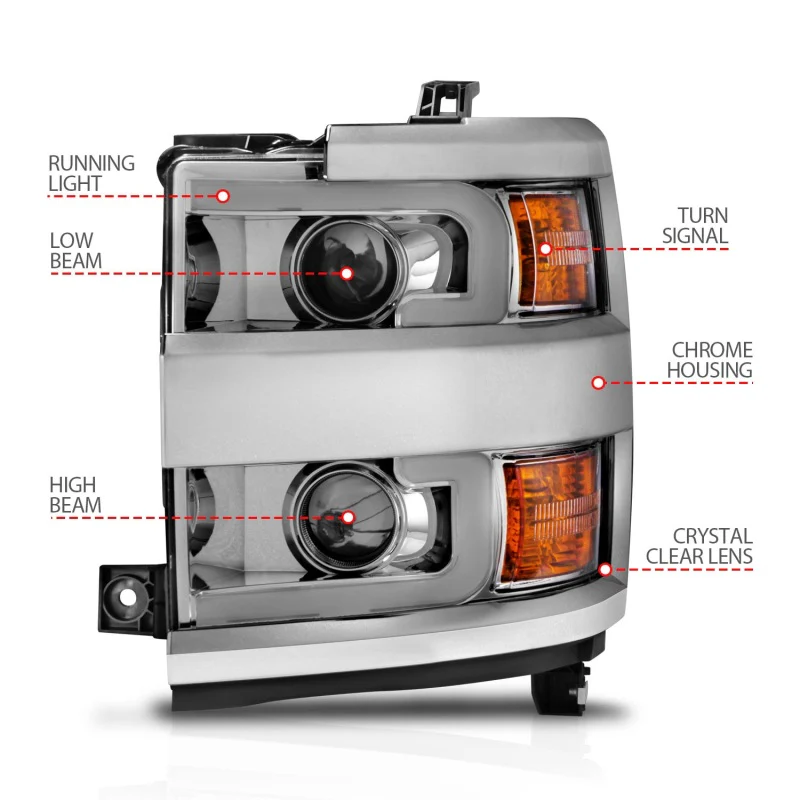 ANZO Projector Headlights 15-17 Chevrolet Silverado 2500HD / 3500HD Chrome w/ Chrome Rim - Image 6