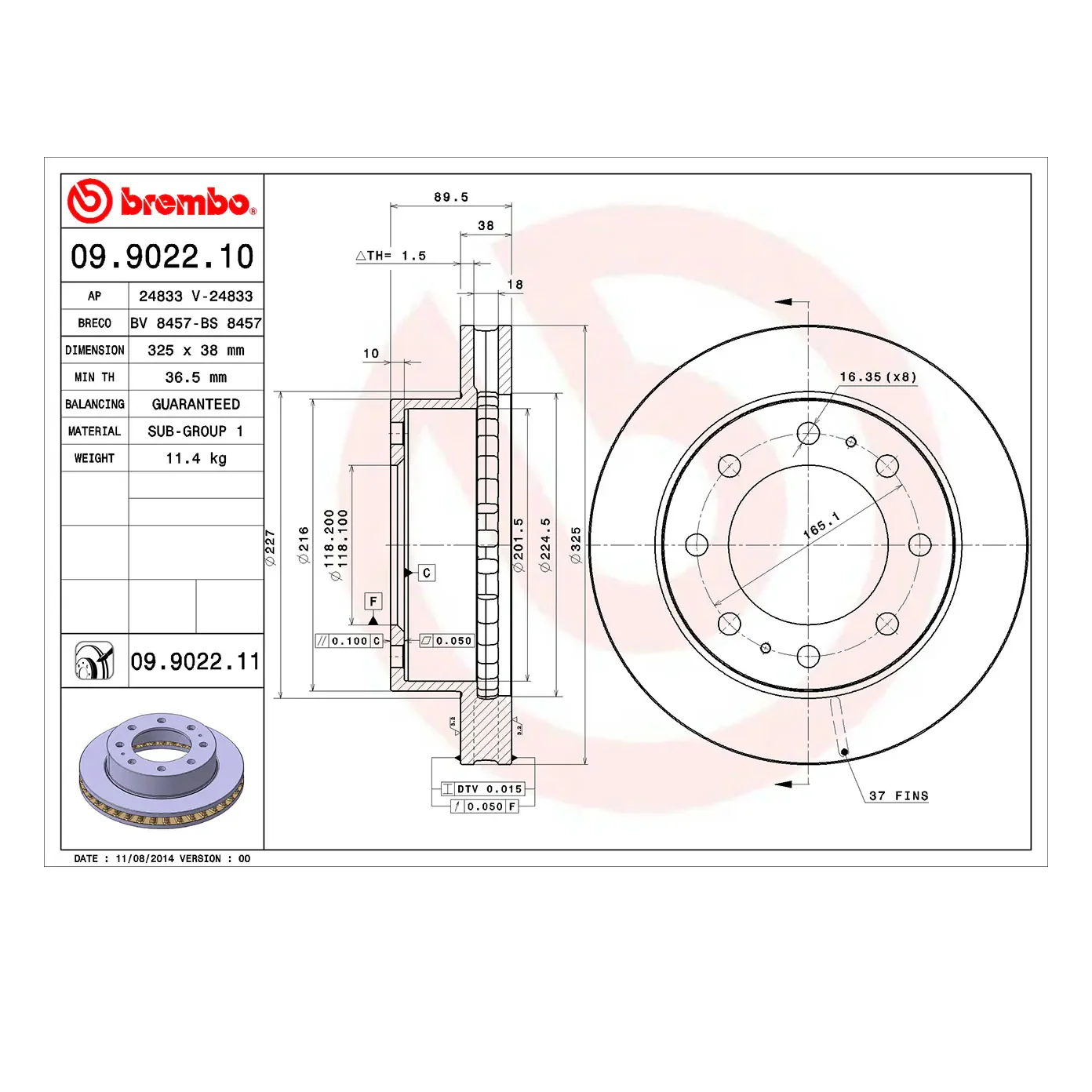 Brembo 00-05 Cadillac DeVille/02-06 Chevy Avalanche 2500 Front Premium UV Coated OE Equivalent Rotor - Image 9