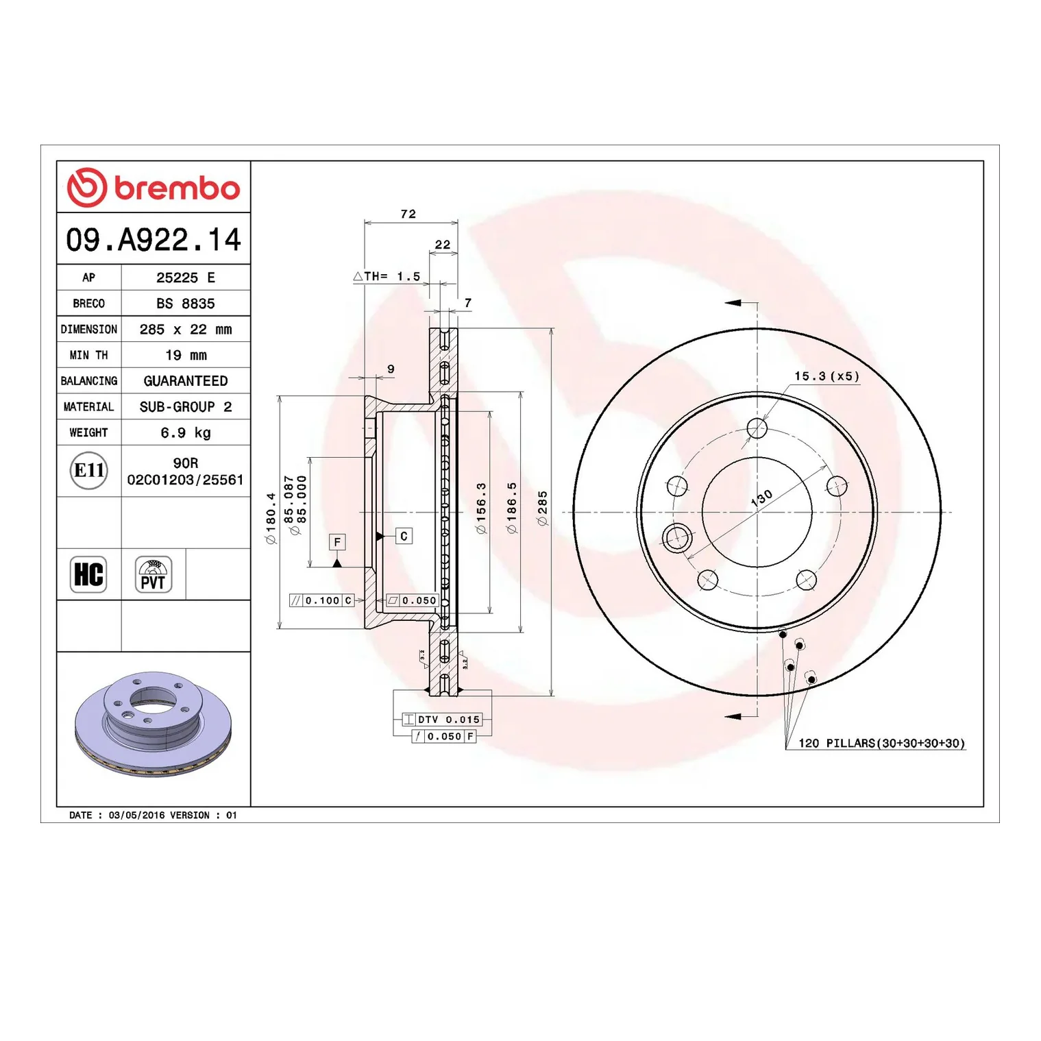 Brembo 03-06 Dodge Sprinter 2500 Front Premium OE Equivalent Rotor - Image 7