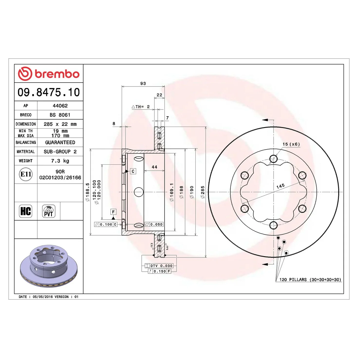 Brembo 03-06 Dodge Sprinter 3500/02-06 Freightliner Sprinter 3500 Rear Premium OE Equivalent Rotor - Image 8