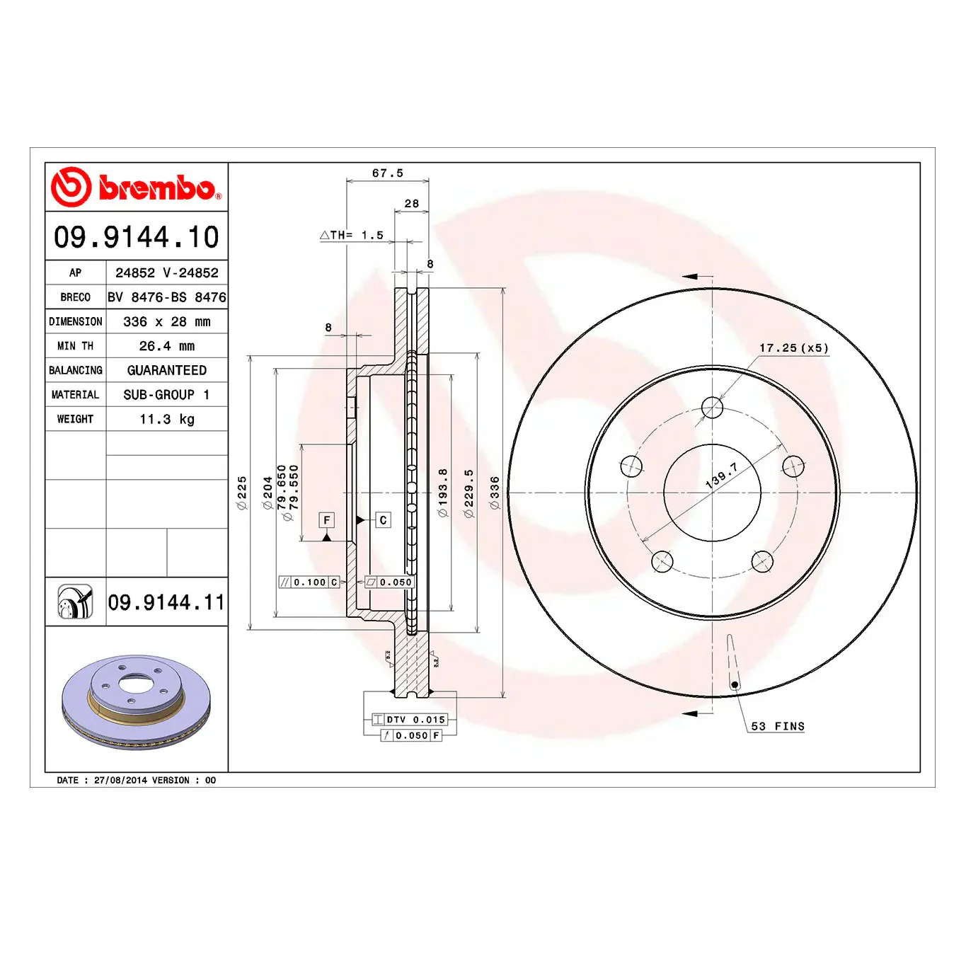 Brembo 04-09 Dodge Durango/02-10 Ram 1500 Front Premium UV Coated OE Equivalent Rotor - Image 8