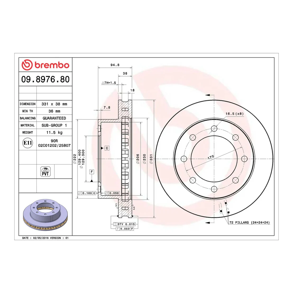 Brembo 2000 Ford Excursion/1999 F-250 Super Duty/F-350 Super Duty Front Premium OE Equivalent Rotor - Image 8