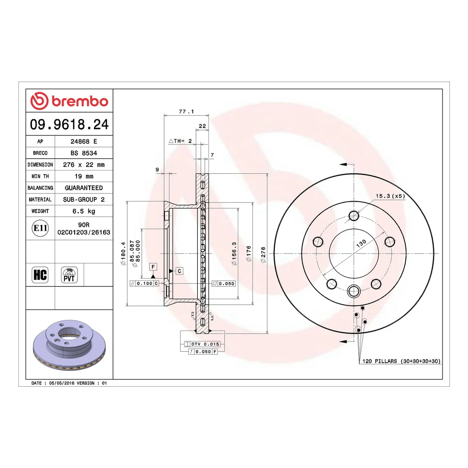 Brembo 2003 Dodge Sprinter 2500/Sprinter 3500 Front Premium OE Equivalent Rotor - Image 6