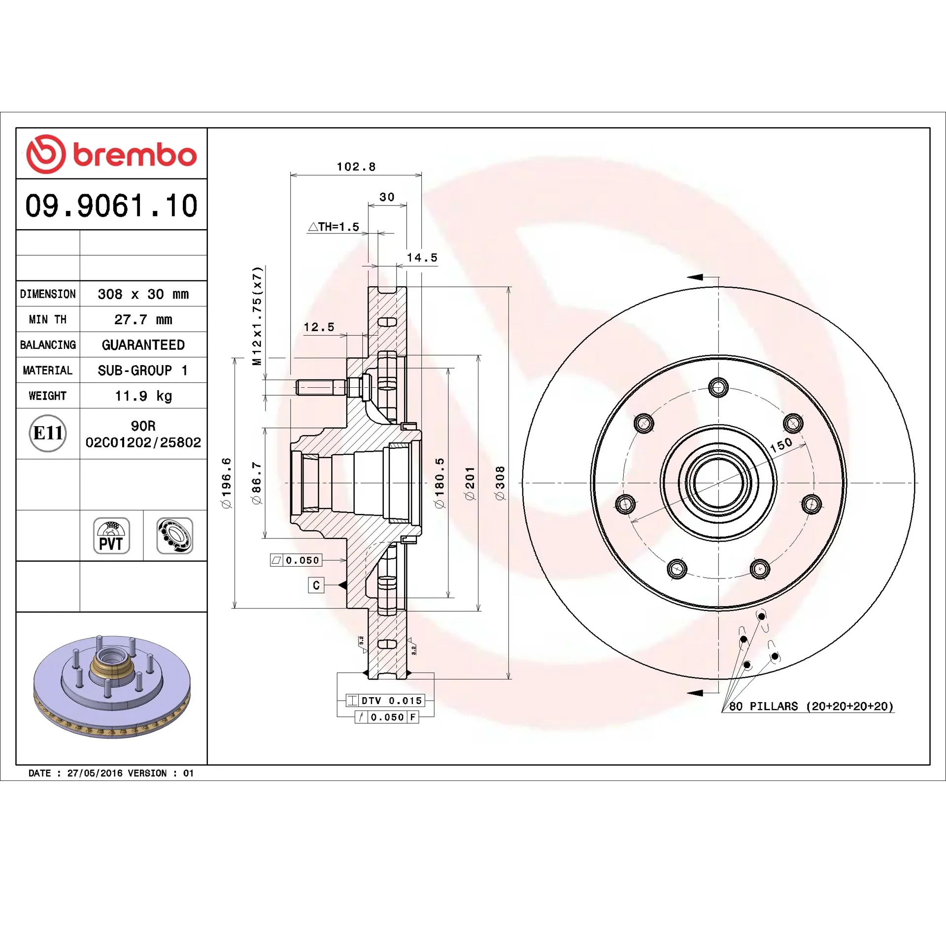 Brembo 2004 Ford F-150 Heritage/1999 F-250 Front Premium OE Equivalent Rotor - Image 3