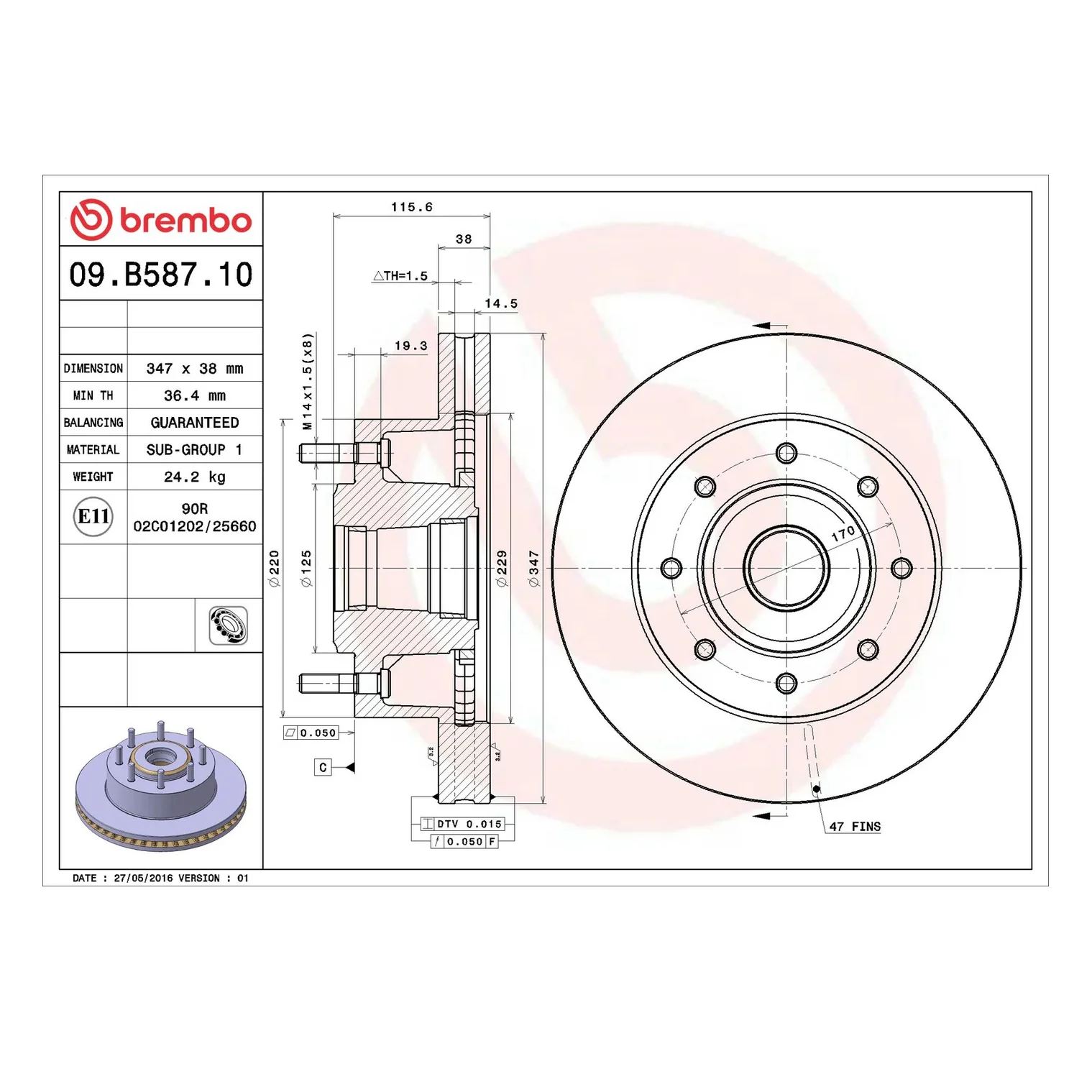 Brembo 2005 Ford Excursion/05-11 F-250/05-08 F-350 Super Duty Front Premium OE Equivalent Rotor - Image 6