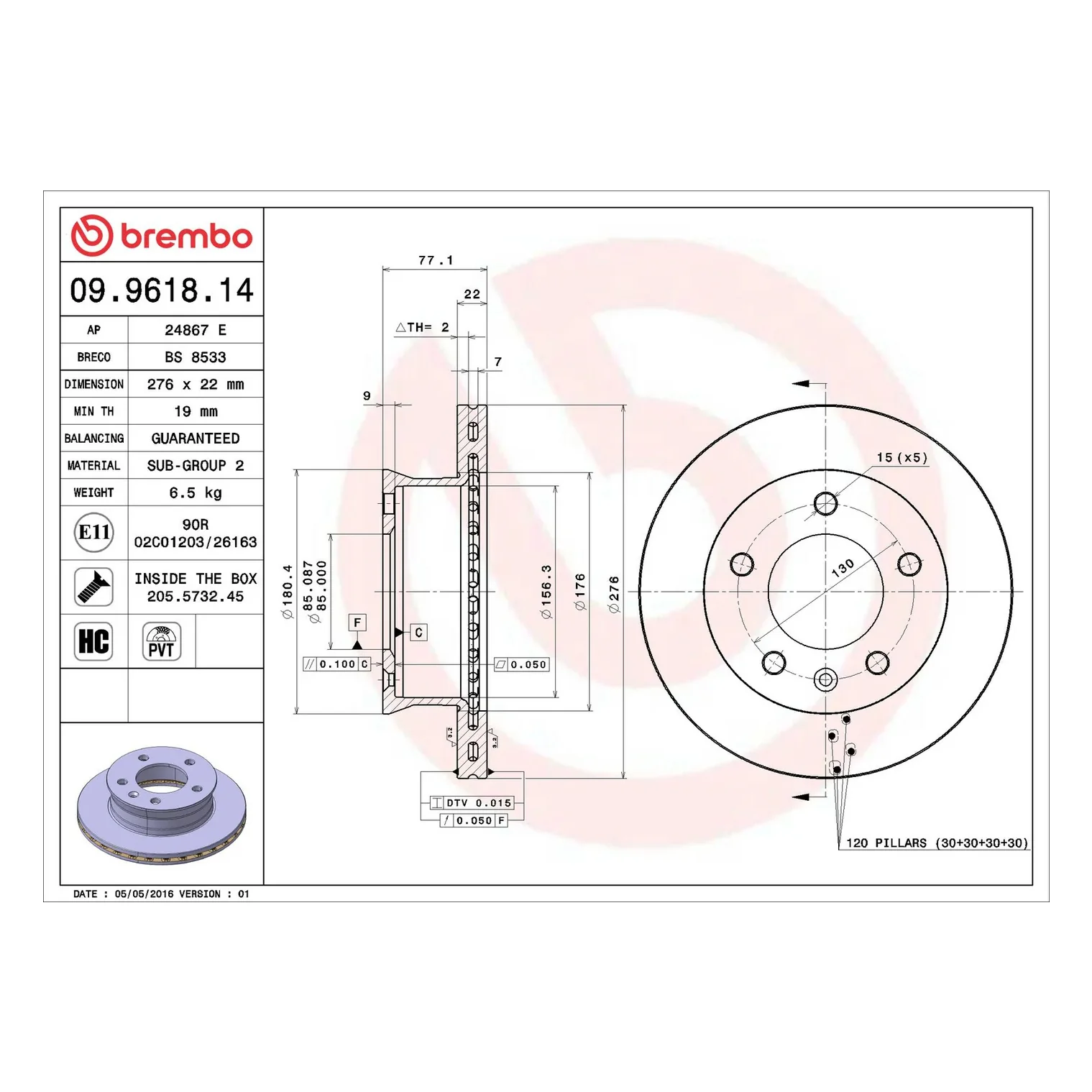 Brembo Mercedes-Benz Sprinter 2006-2004 Front Premium OE Equivalent Rotor - Image 7